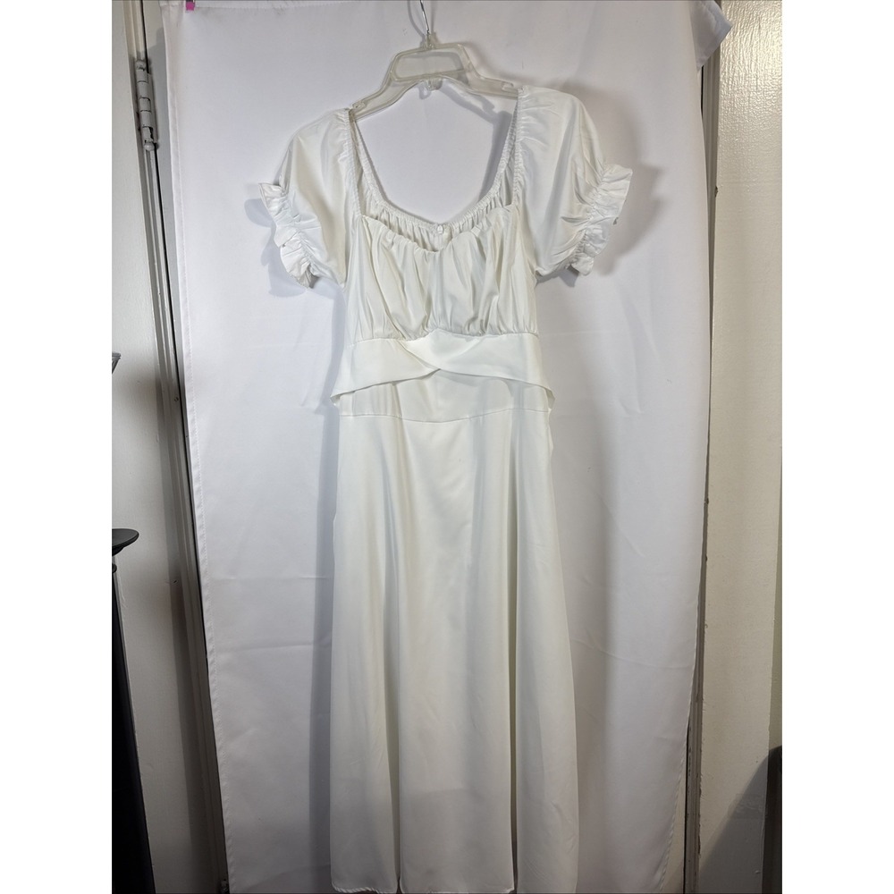 LYANER Womens White Empire Waste Puff Sleeve Peasant Style Midi Dress Size M-L